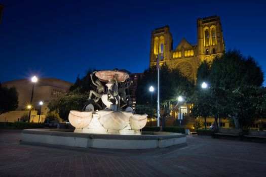 Grace Cathedral from Huntington Park In San Francisco at Blue Hour