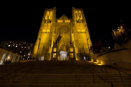 Steps to Grace Cathedral in San Francisco California at night