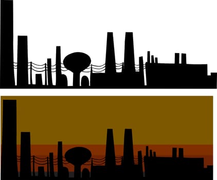 Silhouette industrial scene with factories in isolated and smoggy background