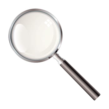 Black handled magnifying glass with light reflection and silver rim