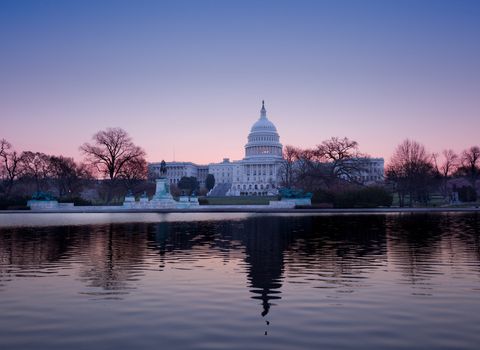 Brightly lit dawn sky behind the illuminated dome of the Capitol in Washington DC with the pool and statues