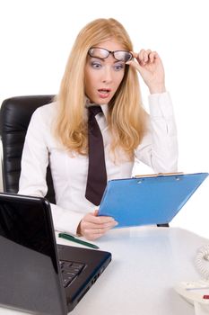 Shocked businesswoman with glasses up looking in papers over white
