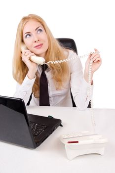 Smiling businesswoman talking on phone over white