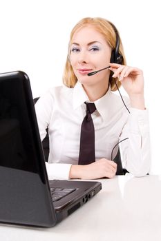 Smiling call center operator with laptop over white