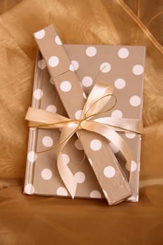 Brown and White polka dot notebook on a copper-brown background