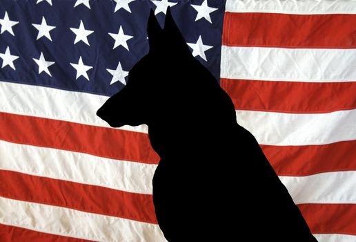 A German Shepherd Silhouette on a US flag.  Not all of our heroes were people.