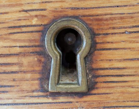 Macro of an antique key hole set in wood