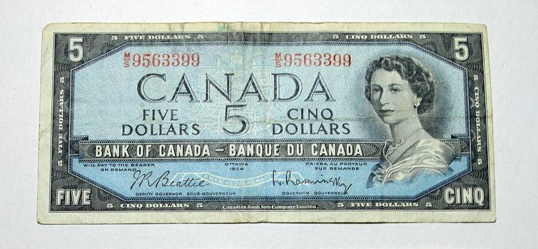 Close up of old canadian five dollar bill