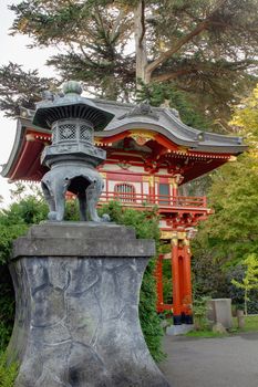 Bronze Lantern by Pagoda at Japanese Tea Garden in San Francisco