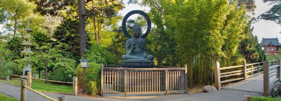 Seated Bronze Buddha on Lotus at San Francisco Japanese Garden Panorama