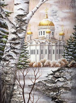 Cathedral of the Christ of the Savior, Moscow, Russia. Handmade, drawing distemper on a birch bark