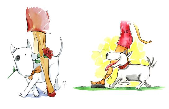 illustration of woman and bull terrier dog