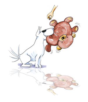 illustration of Bull terrier with teddy bear