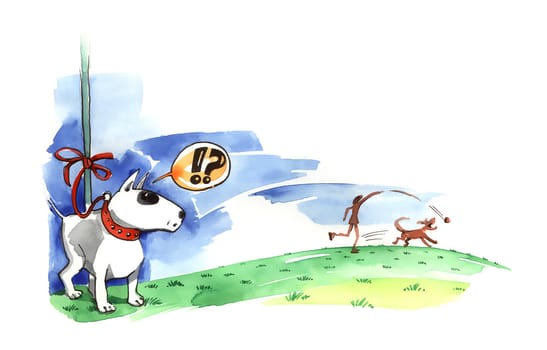 illustration of Bull terrier on the leash