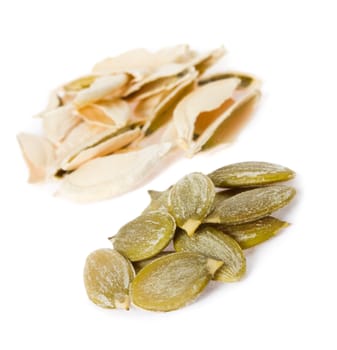 close-up seeds of pumpkin, isolated on white