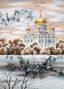 Cathedral of the Christ of the Savior, Moscow, Russia. Handmade, drawing distemper on a birch bark