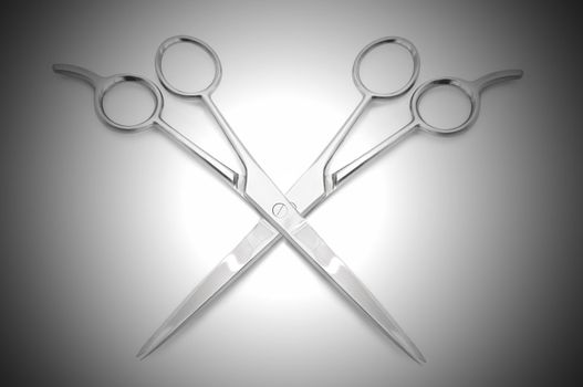 Two stainless steel hairdressing scissors overlapping each other against a white and grey light effect background