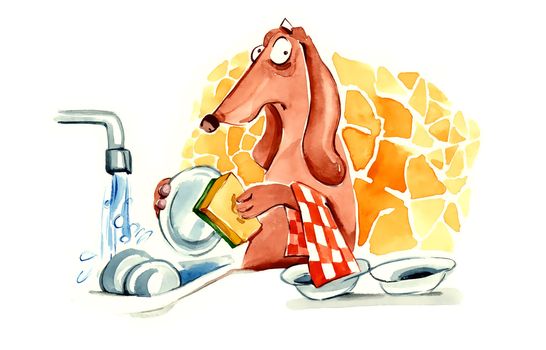 humorous illustration of dachshund dog washing the dishes