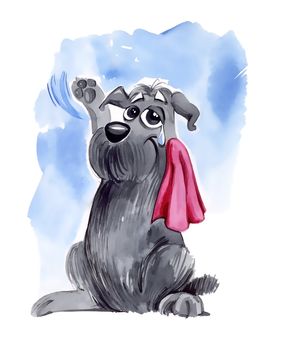 humorous illustration of shaggy dog waving goodbye