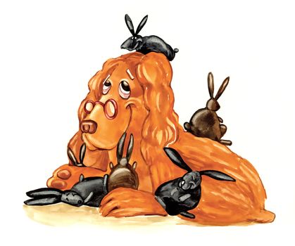 humorous illustration of spaniel dog as little bunnies wet nurse