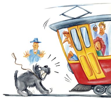 humorous illustration of dog attacking the tram