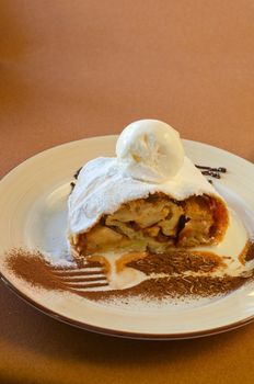 apple strudel tasty dessert dish at plate closeup