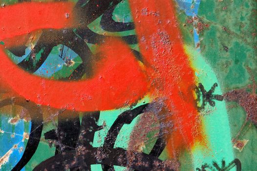 Layers of paint and graffiti on rusty surface. Abstract background.