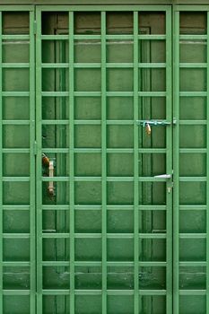 Wooden green door and protective metal frame.