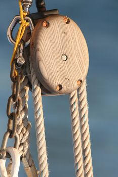 Traditional ship rigging on blure water background
