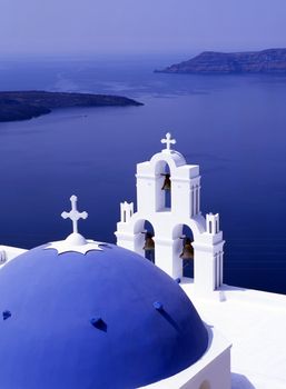 Greek church overlooking the bay of Santorini, GreeceI