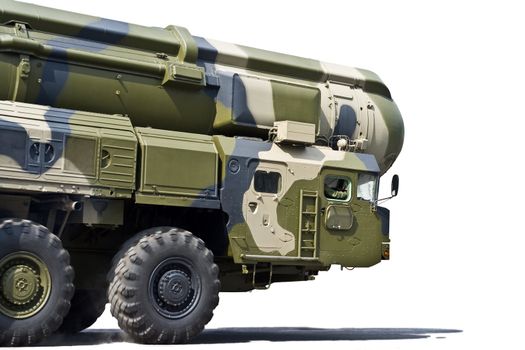 Mobile ballistic missile with a nuclear warhead on a white background