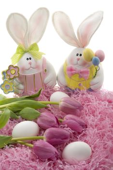 Easter bunnies, tulips and eggs