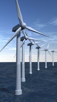 Offshore wind turbines with a blue sky in portrait composition