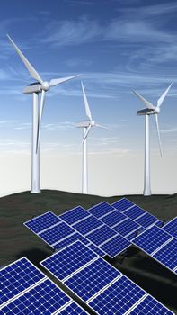 Articulated solar panels and wind turbines with a blue sky and some clouds