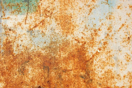 Rusty metal surface with peeled paint and etched numbers. Abstract background texture.