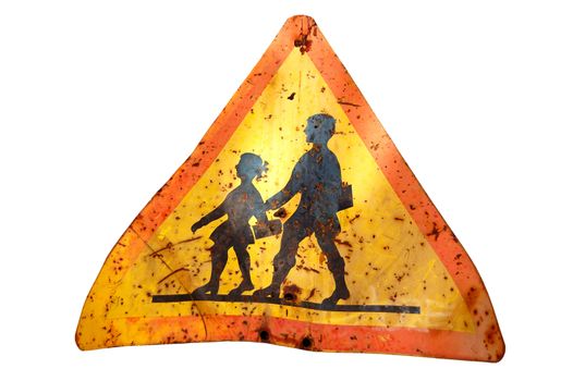 Rusty warning sign for school children isolated on white background.