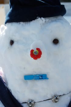 Snowman with hat and scarf on a cold winter day.