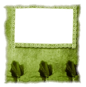 green floral background isolated old, empty frame with lace 