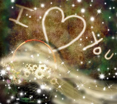 I love you background with a basket of flowers and stars 