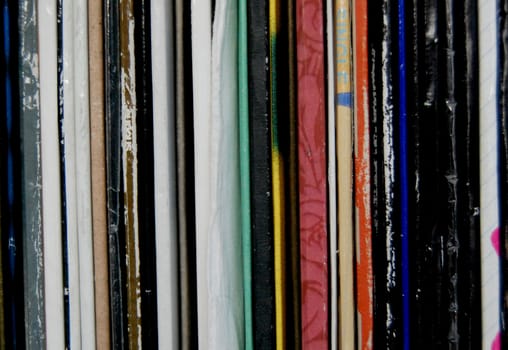 Pile of vinyl records. House and techno music.
