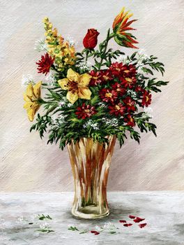 Picture oil paints on a canvas: a bouquet of flowers in a glass vase