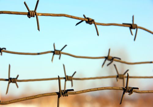 barbed wires against blue sky.