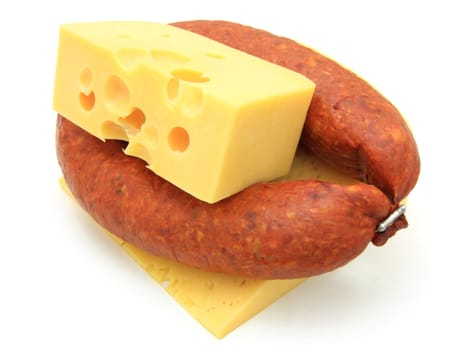 Fresh sausage with cheese on a white background