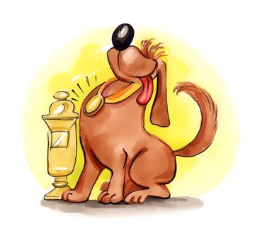 illustration of dog with gold medal and cup