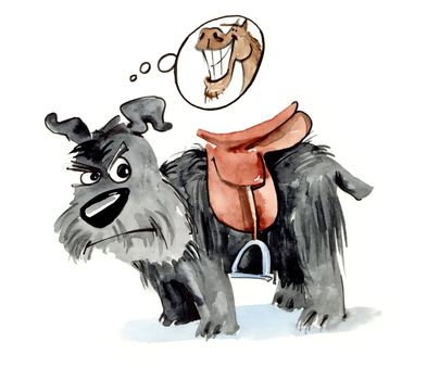humorous illustration of shaggy dog with saddle