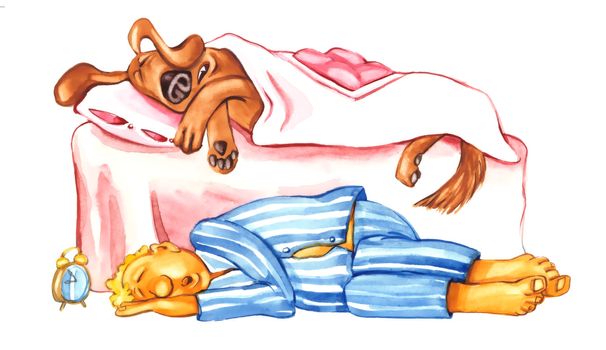 humorous Illustration of Dog and his owner sleeping