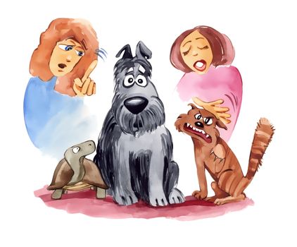 humorous illustration of dog, cat and turtle and their owners