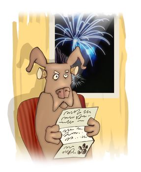 humorous illustration of disgusted dog and fireworks