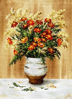 Picture oil paints on a canvas: a bouquet of marigold in a ceramic pot