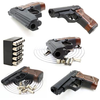Set of The close up of a pistol a target and cartridges is isolated on a white background